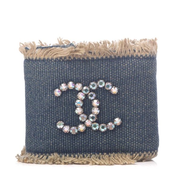 Chanel 01p Denim CC Crystal Logo Cuff Bracelet - Picture 1 of 12